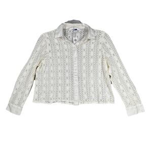 Old Navy Shirt Women Medium White Open Crochet Button Up Boho Neutral Minimalist